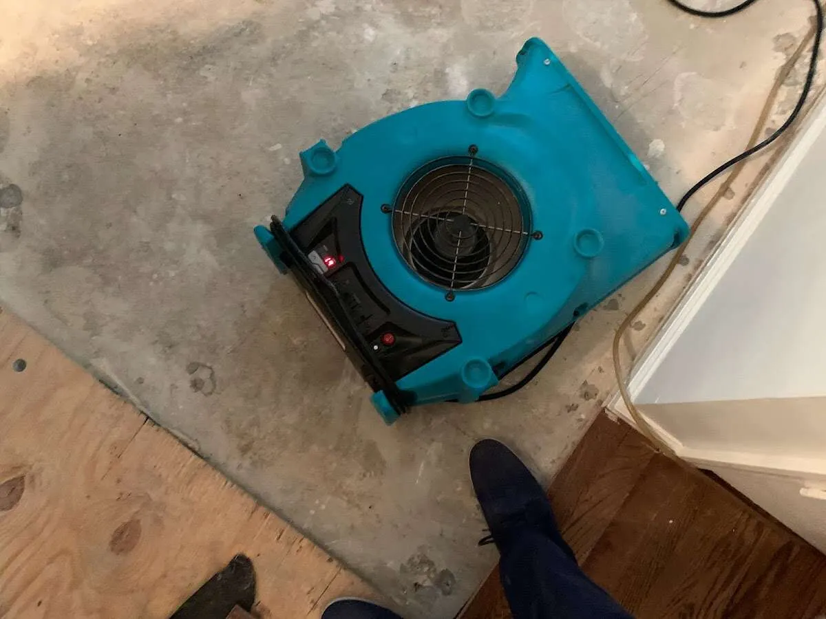 Air mover drying subfloor during Leak Detection & Repair in Norwell